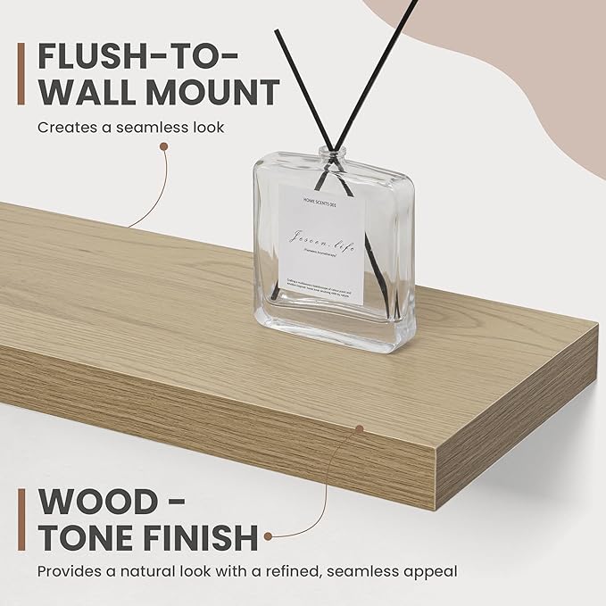 16 Inch Floating Shelves, 8 Inch Deep Floating Shelves for Wall, Hanging Shelf with Invisible Brackets, Deep Shelves for Bathroom, Bedroom, Living Room, Oak, Set of 2-HomvellaHome