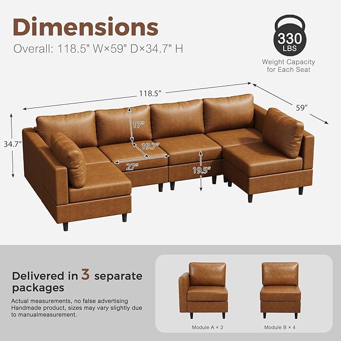 118.5" Faux Leather Modular Sectional Sofa with Storage Seat, Modern 6 Seater Couch Deep Seat with Removable Cover DIY Combination Brown-HomvellaHome