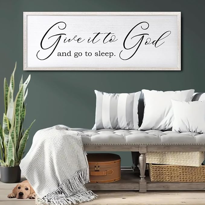 Give It To God And Go To Sleep Sign Wall Decor 40x15 Inch Large Farmhouse Master Bedroom Above Bed Hanging Wall Art Rustic Guest Room Wood Framed Over Bed Wall Decoration (White)-HomvellaHome