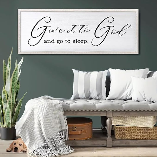 Give It To God And Go To Sleep Sign Wall Decor 40x15 Inch Large Farmhouse Master Bedroom Above Bed Hanging Wall Art Rustic Guest Room Wood Framed Over Bed Wall Decoration (White)-HomvellaHome