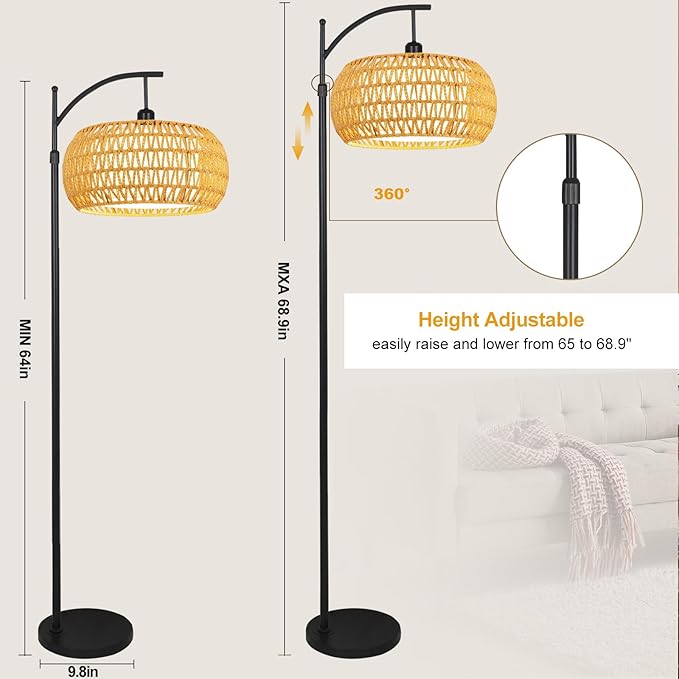 Arc Floor Lamps for Living Room Rattan Boho Floor Lamp with Remote Control,Dimmable LED Floor Lamp Wicker Lamp Shades Black Standing Lamp with 3 Color Temperature Tall Floor Lamps For Bedroom Corner-HomvellaHome