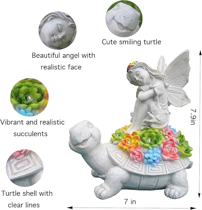 Garden Statues Outdoor Decorations Solar Turtle Angels Decor with Succulents LED Lights Garden Ornaments Figurines for Patio Yard Lawn Gifts for Women Grandma-HomvellaHome