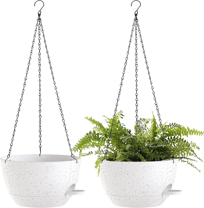 12 Inch Hanging Baskets 2 PC with Chains, Self-Watering Hanging Planters for Indoor Outdoor Plants, Plastic Hanging Flower Pots,Speckled White-HomvellaHome