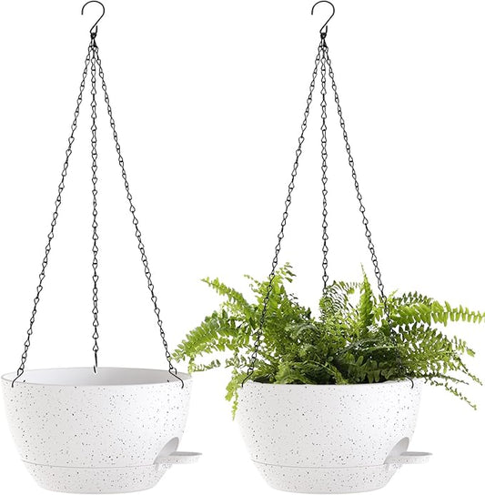 12 Inch Hanging Baskets 2 PC with Chains, Self-Watering Hanging Planters for Indoor Outdoor Plants, Plastic Hanging Flower Pots,Speckled White-HomvellaHome