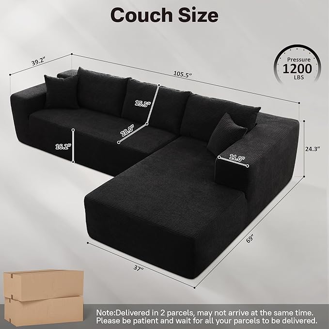 104" Cloud Sectional Couches for Living Room,L Shaped Boneless Couch in A Box,Sleeper Sofa with Comfy Chaise No Assembly Required,Black-HomvellaHome