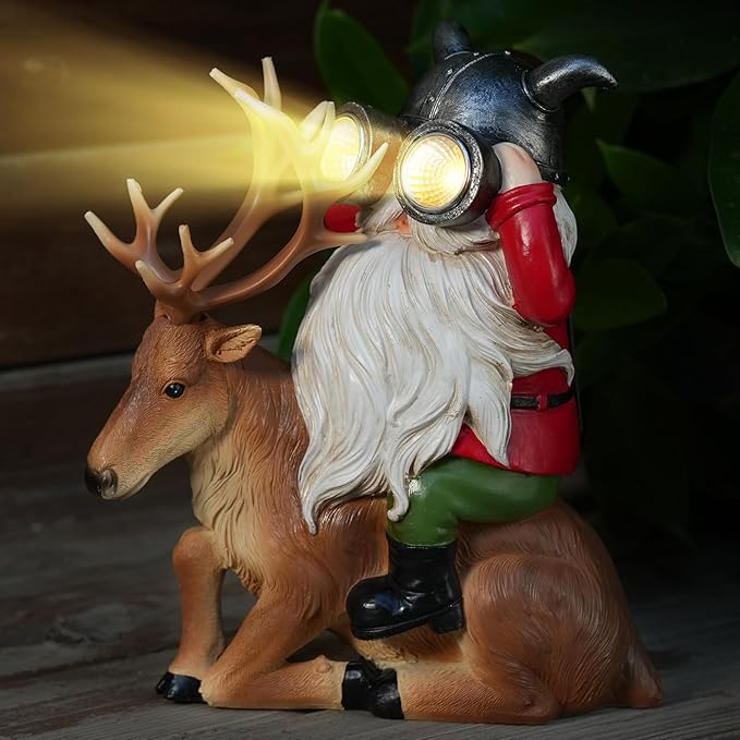 Garden Gnome Statues Resin Gnome Sitting On Deer Statues Solar Lights Outdoor Telescope Gnome Gifts for Yard, Patio Decor Gift (Deer Gnome)-HomvellaHome