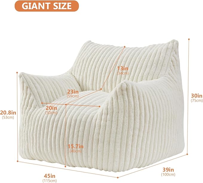 Giant Bean Bag Chairs for Adults with Filling Plush Fluffy Bean Bag Chairs for Teens with Armrests Comfy BeanBag Lazy Couch Sofa Chair for Bedroom Living Room Reading-HomvellaHome