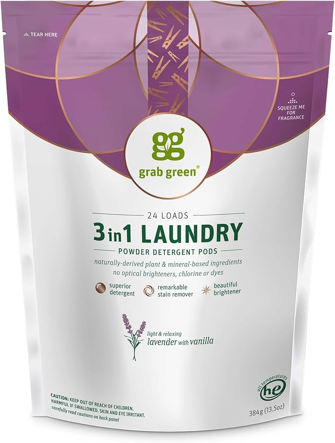 Grab Green 3-in-1 Laundry Detergent Pods, 24 Count, Lavender Vanilla Scent, Plant and Mineral Based, Superior Cleaning Power, Stain Remover, Brightens Clothes-HomvellaHome