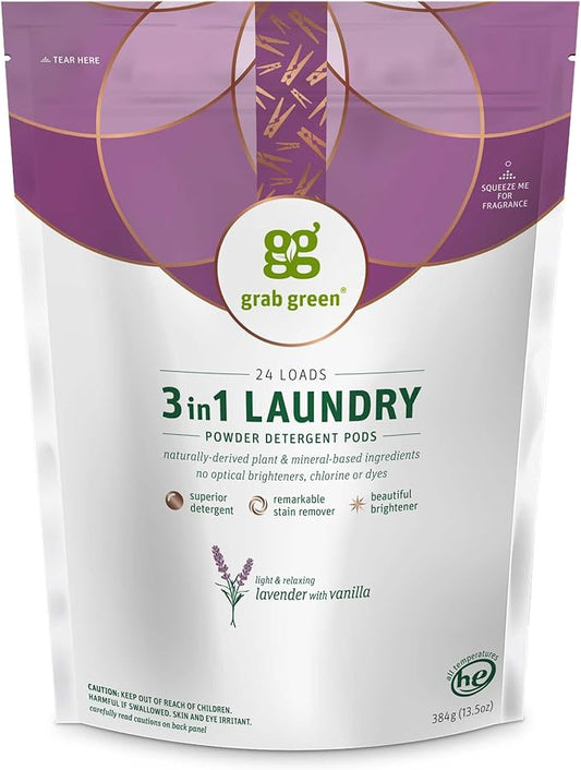 Grab Green 3-in-1 Laundry Detergent Pods, 24 Count, Lavender Vanilla Scent, Plant and Mineral Based, Superior Cleaning Power, Stain Remover, Brightens Clothes-HomvellaHome