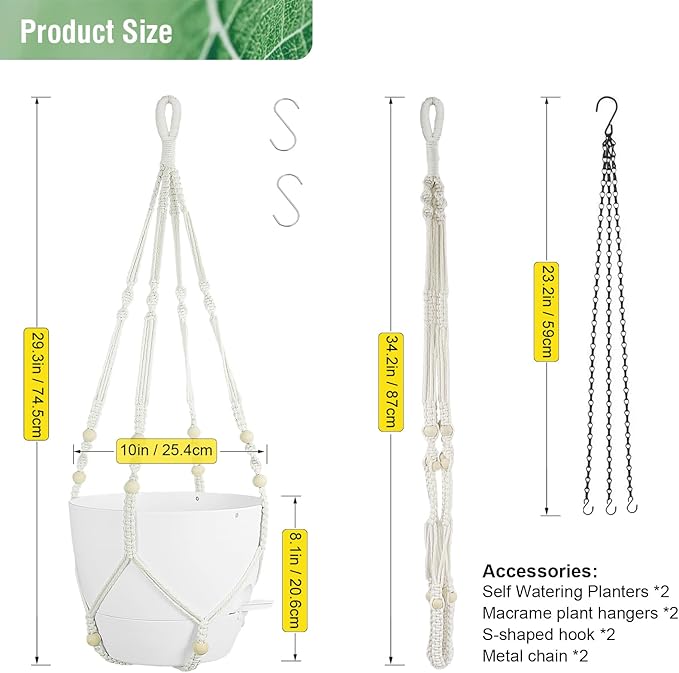 10 inch Self Watering Hanging Planters, 2 Pack Hanging Flower Pots for Indoor Outdoor Plants, Hanging Baskets with Drainage Holes & 2 Kinds of Plant Hangers for Garden Home Decor, White-HomvellaHome