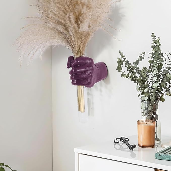 Creative Wall Hanging Sculpture, Artistic Wall Hanging Hand Sculpture with Test Tube vases, Home Decoration Hand Against Wall (Purple)-HomvellaHome