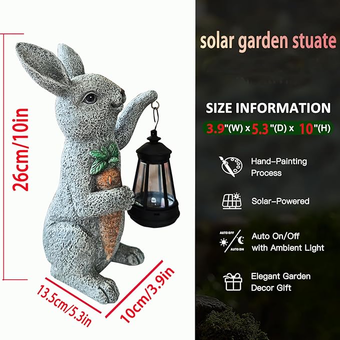 Garden Statues Rabbit Solar Lantern Outdoor Handmade Resin Statue Bunny with Cute Carrot for Patio, Yard,Mother's Day Gift Ideas (rabbit1)-HomvellaHome