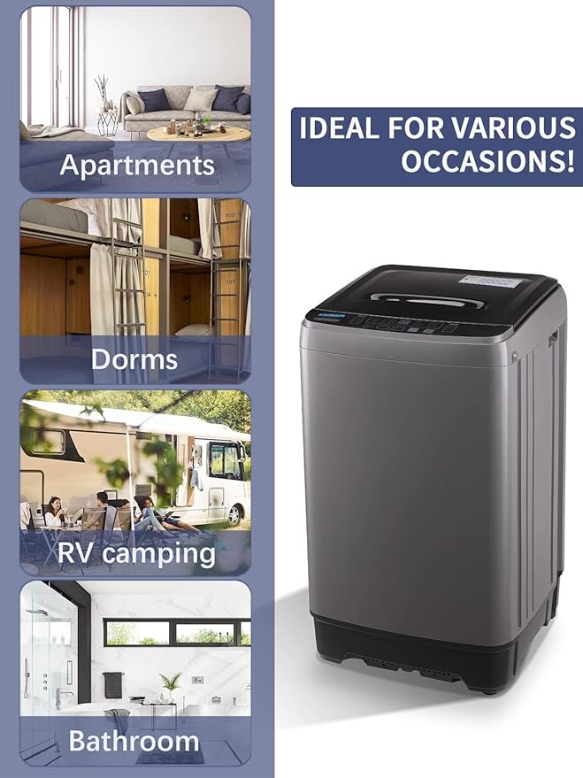 17.7 lbs Full Automatic Washing Machine with LED Display Compact Drain Dump, 10 Wash Programs and 8 Water Levels Ideal for Dorms, Apartments, RV, Grey (KB03-GREY6-3)-HomvellaHome