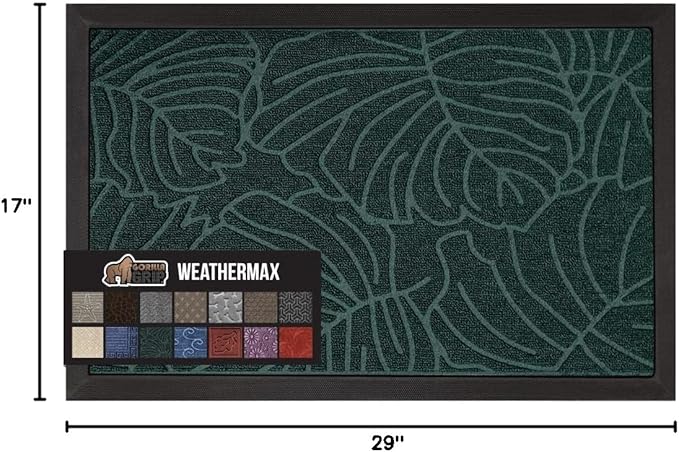 GORILLA GRIP 100% Waterproof All-Season WeatherMax Doormat US Designed Natural Rubber, Stain and Fade Resistant, Low Profile Indoor Outdoor Door Mats, Easy Clean Patio Mat, 17x29, Green Palm-HomvellaHome