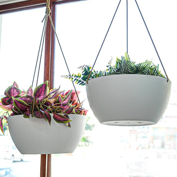 12 Inch 2 Pack Large Hanging Planters for Indoor Outdoor Plants, Plastic Hanging Basket Pots for House Plants Flowers, White-HomvellaHome