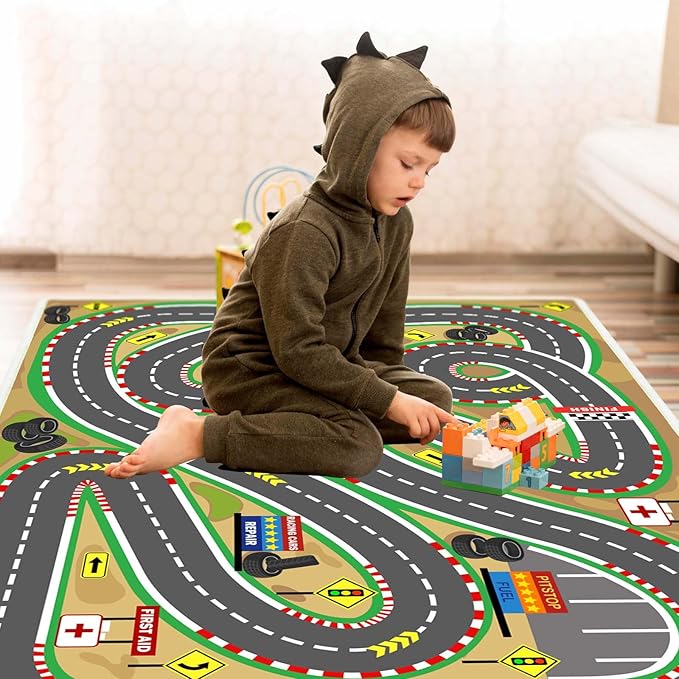 Kids Rug Play mat Playroom Rugs Car Rugs for Kids Toy Cars Race Track for Classroom Rug (Race-Brown, 5.2x7.9ft)-HomvellaHome