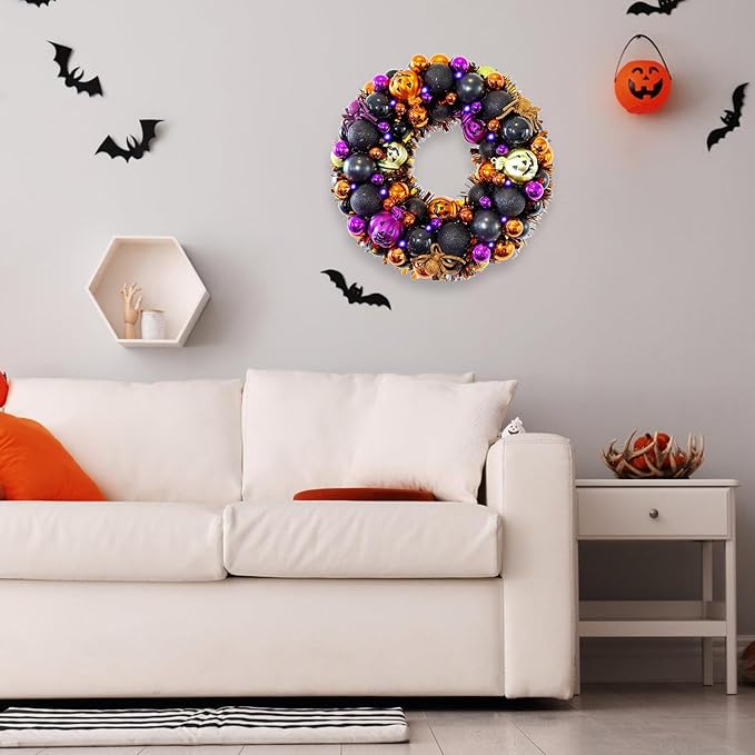 13.8 Inch Halloween Ball Wreath for Front Door with Lights, Lighted Cute Treat-or-Trick Door Wreath Ball Ornament for Halloween Indoor Decorations Centerpiece Party Holiday Wall Home Decor-HomvellaHome
