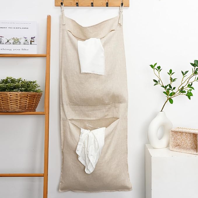 100% Linen Hanging Laundry Bag with 2 Compartments, Over the Door Laundry Hamper, Dirty Clothes Space Saving Organizer 19.7 x 47 Inches, Linen-HomvellaHome