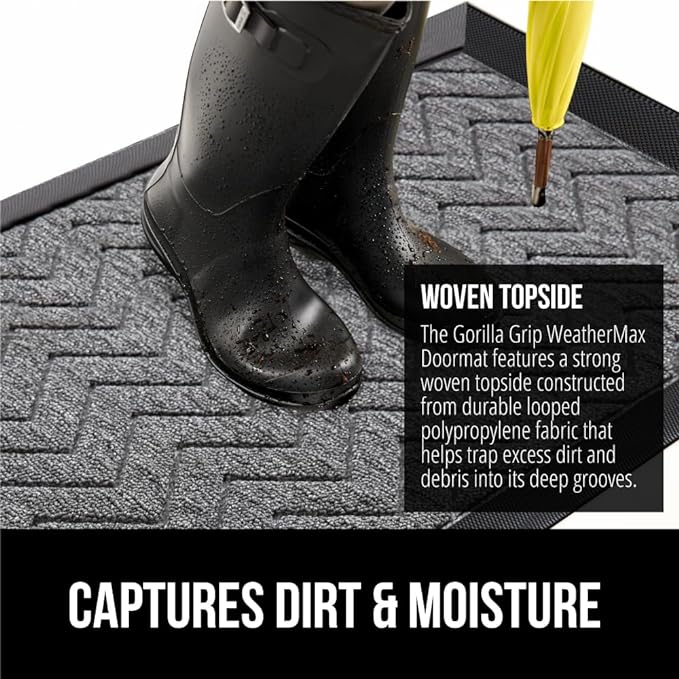 GORILLA GRIP All-Season WeatherMax Doormat, 72x24, Durable Natural Rubber, Stain and Fade Resistant, Low Profile, Indoor Outdoor Door Mats, Easy Clean Patio Entrance Mat, Steel Chevron-HomvellaHome