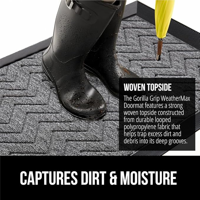 GORILLA GRIP All-Season WeatherMax Doormat, 47x35, Durable Natural Rubber, Stain and Fade Resistant, Low Profile, Indoor Outdoor Door Mats, Easy Clean Patio Entrance Mat, Steel Chevron-HomvellaHome