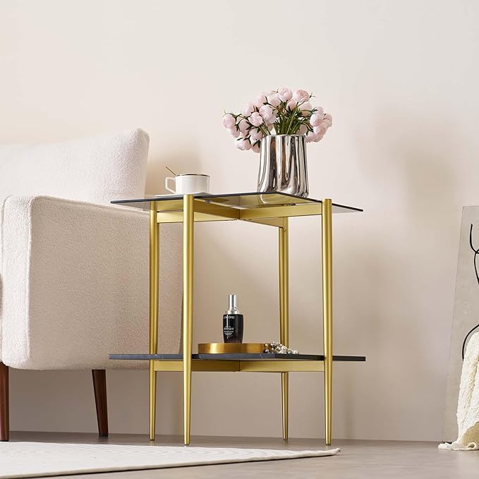 Glass End Table, Mid-Century Modern Design Sofa Table, for Living Room, L18 x W18 x H23 in, Clear Glass Top and Walnut MDF Shelf, Sleek Conical Metal Legs with Gold Finish Frame-HomvellaHome