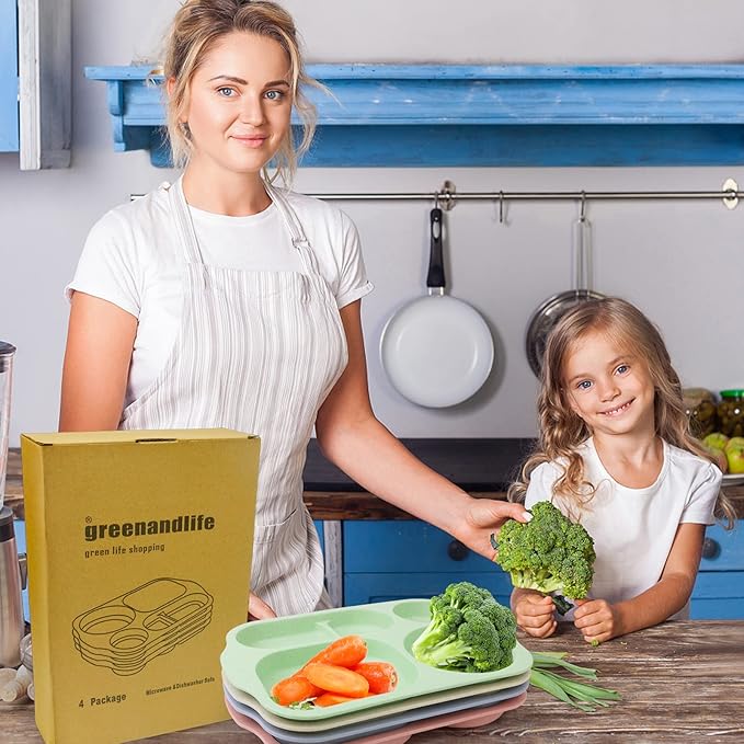 greenandlife 12 Inch (4PCS) Large Unbreakable Divided Plates for Kids Adults, Dishwasher & Microwave Safe Plate, Lightweight Reusable Plastic Compartment Plates, BPA Free and Healthy-HomvellaHome