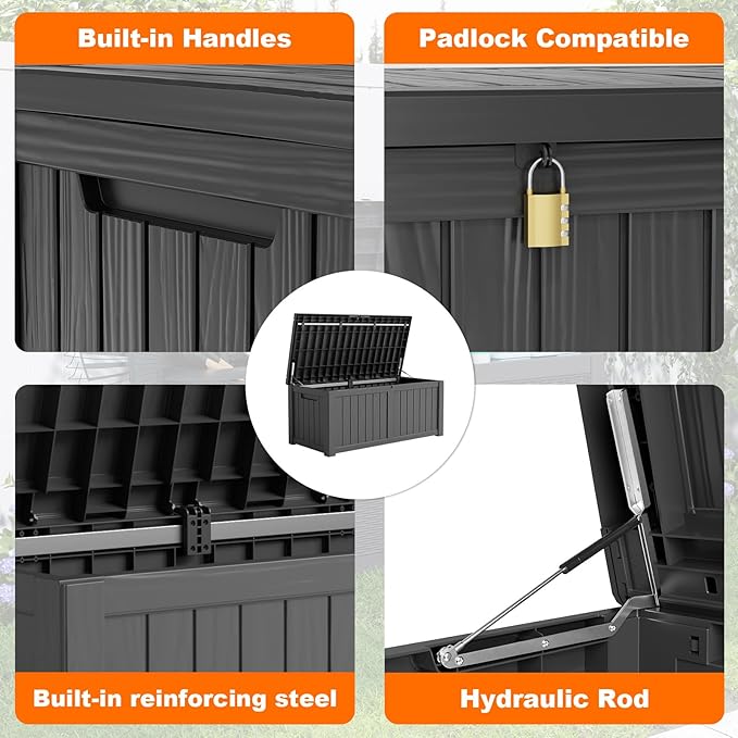 120 Gallon Resin Deck Box, Lockable Patio Outdoor Storage Box for Furniture, Garden Tools and Tools Storage, Waterproof Outside Storage Boxes - Black-HomvellaHome