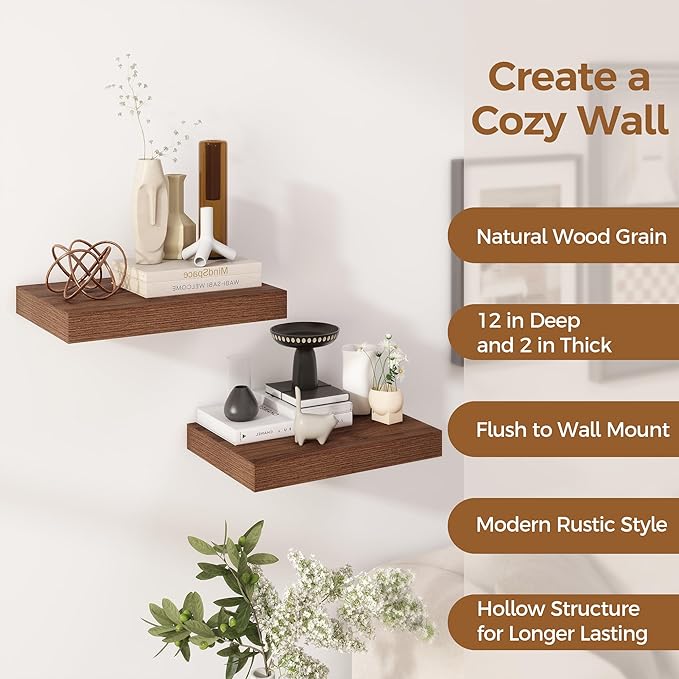 12 Inch Deep Floating Shelves, 16 x 12 Floating Shelf for Books, Rustic Wood Deep Wall Shelves for Home Storage & Display, 2" Thicked Shelves for Kitchen, Living Room, Bedroom, Walnut Color, 2 Pack-HomvellaHome