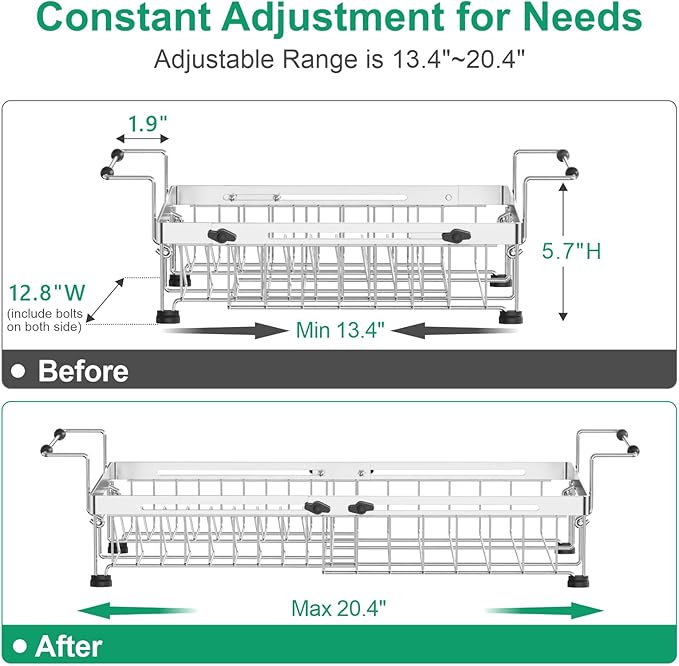 GSlife in Sink Dish Drying Rack - Capacity Expandable Stainless Steel Over Sink Dish Drainer Drying Rack (13.4''-20.4'') with Silicone Mat for Kitchen Counter Large Capacity, Black-HomvellaHome