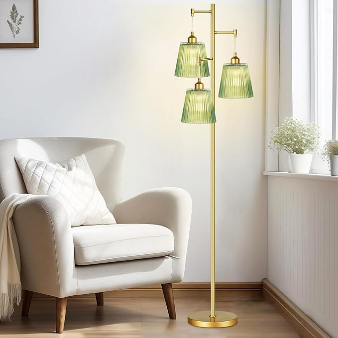 Gold Floor Lamp for Living Room,Bedroom,Mid Century Modern Standing Lamp Brass Tree 3 Light Tall Floor Lamps Vintage Retro Floor Lights Glass Green Flower Lamp Shade Farmhouse Boho Bohemian-HomvellaHome