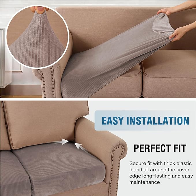 H.VERSAILTEX Velvet Stretch Couch Cushion Cover Plush Cushion Slipcover for Chair Cushion Furniture Protector Seat Cushion Sofa Cover (1 Piece Armchair Cushion Covers, Taupe Striped)-HomvellaHome