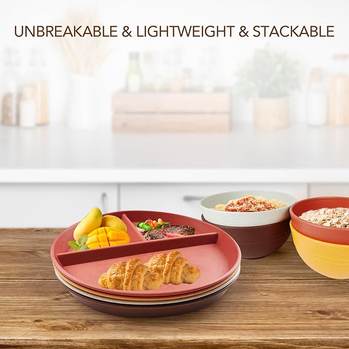 greenandlife 9 Inch 4PCS Unbreakable Portion Control Plates, Divided Plates for Kids Adults, Dishwasher & Microwave Safe Compartment Plate, Lightweight Reusable Wheat Straw Plate, BPA Free-HomvellaHome