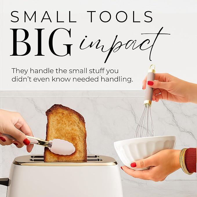 Gold and Beige Kitchen Utensils Set – 8 PC Cooking Gadgets with Mini Gold Whisk and Tongs, Pizza Cutter, Garlic Press, Cheese Grater, Peeler, Can Opener, Scoops – Stylish Beige Kitchen Accessories-HomvellaHome