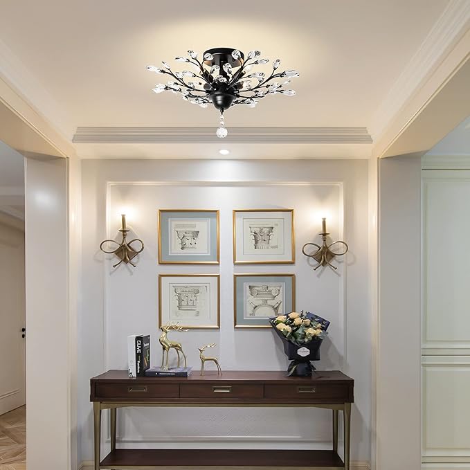 Ganeed Crystal Chandeliers,Vintage K9 Clear LED Ceiling Lighting,Edison Pendant Light Flush Mounted Fixture with 4 Light for Living Room Dinning Room Restaurant Porch Hallway (Black)-HomvellaHome