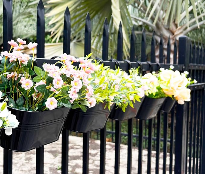 2 Pack Metal Hanging Planter for Outdoor Plants, 10 Inch Black Fence Planters Railing Pots for Garden Patio Balcony Decor, Flower Bucket with Detachable Hooks (Black, 2Pcs)-HomvellaHome