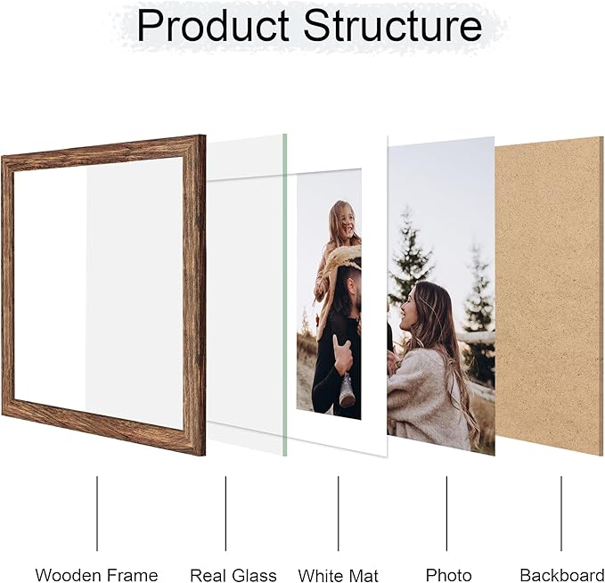 12x12 Picture Frame Set of 4, 12 x 12 Wood Photo Frames with Mat for 10x10 or 30x30cm Diamond Painting Art, Wooden Frame with Real Glass Cover for Wall and Tabletop Display,Rustic Brown-HomvellaHome