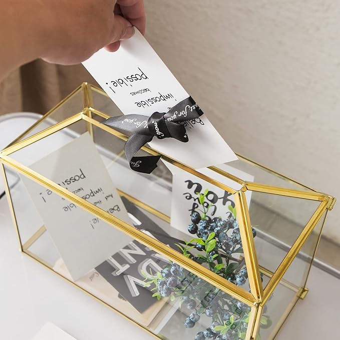 Glass Wedding Card Box with Slot, 12.6 inch Large Clear Card Box Gold Brass Gift Card Storage Box with Lock for Wedding Receptions, Baby Shower, Birthday Party, Bridal Shower-HomvellaHome