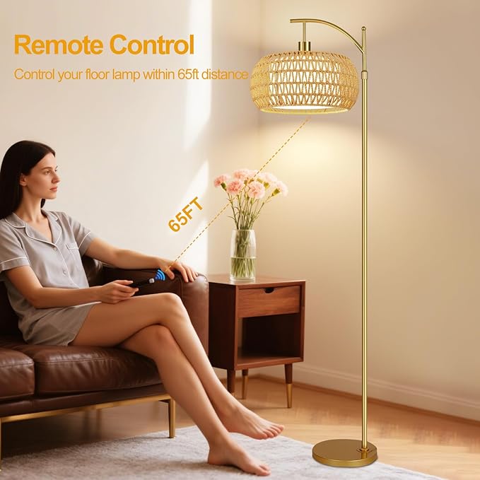 Gold Floor Lamps for Living Room Rattan Boho Floor Lamp with Remote Control,Dimmable Arc Floor Lamp Wicker LampShades Brass Standing Lamp with 3 Color Temperature Tall Floor Lamps For Bedroom Corner-HomvellaHome