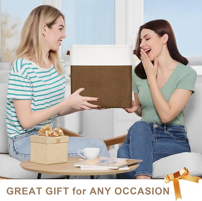 13x13 Cube Storage Bins, Collapsible Fabric Storage Box, 4 Pack Closet Baskets with Handles for Organizing, Shelf, Toys, Clothes, Home, Office, Nursery (Brown&White)-HomvellaHome