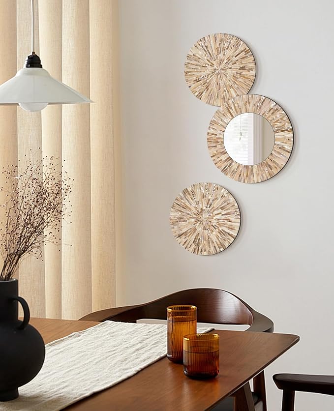 TEIPAI Boho Decorative Mirror for Living Room, 3PCS Handcrafted Mother of Pearl Mirror Wall Decor for Home Dorm Apartment Hallway Staircase, Mosaic Art Plates for Wedding Decoration (Dark Brown)-HomvellaHome