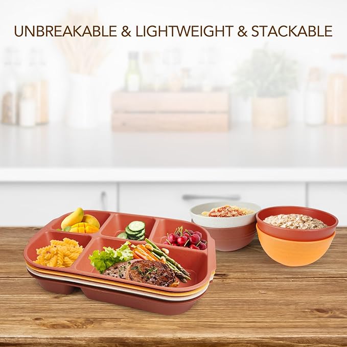 greenandlife 10.8 Inch 4PCS Divided Plates for Kids Adults, Portion Control Plates, Dishwasher & Microwave Safe Compartment Plate, Unbreakable Lightweight Reusable Wheat Straw Plates, Sunset-HomvellaHome