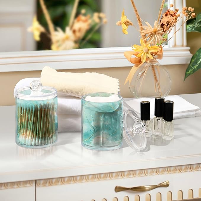 2 Pack Qtip Holder Dispenser Turquoise Marble Bathroom Storage Canister Lid Acrylic Plastic Apothecary Jar Set Vanity Makeup Organizer for Cotton Swabs/Pads/Floss-HomvellaHome
