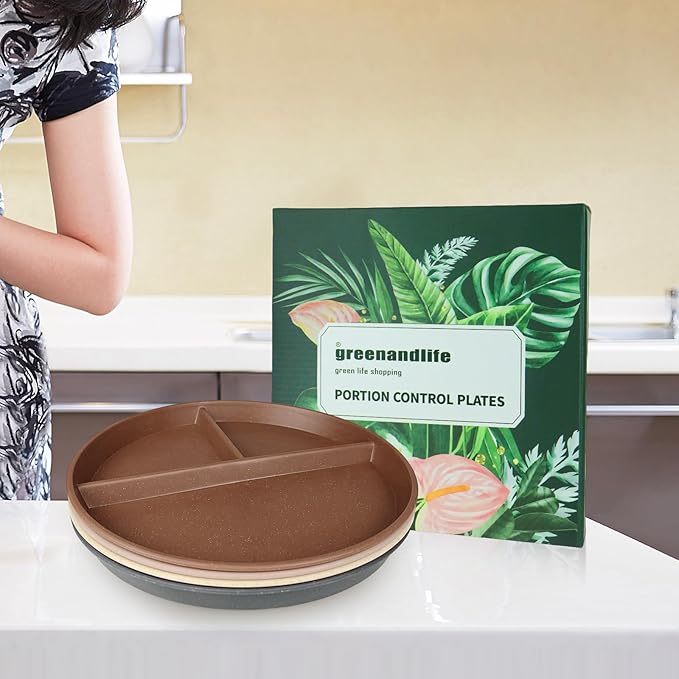 greenandlife 10 Inch 4PCS Unbreakable Portion Control Plates, Divided Plates for Kids Adults, Dishwasher & Microwave Safe Compartment Plate, Lightweight Reusable Wheat Straw Plate, Earth Tone-HomvellaHome