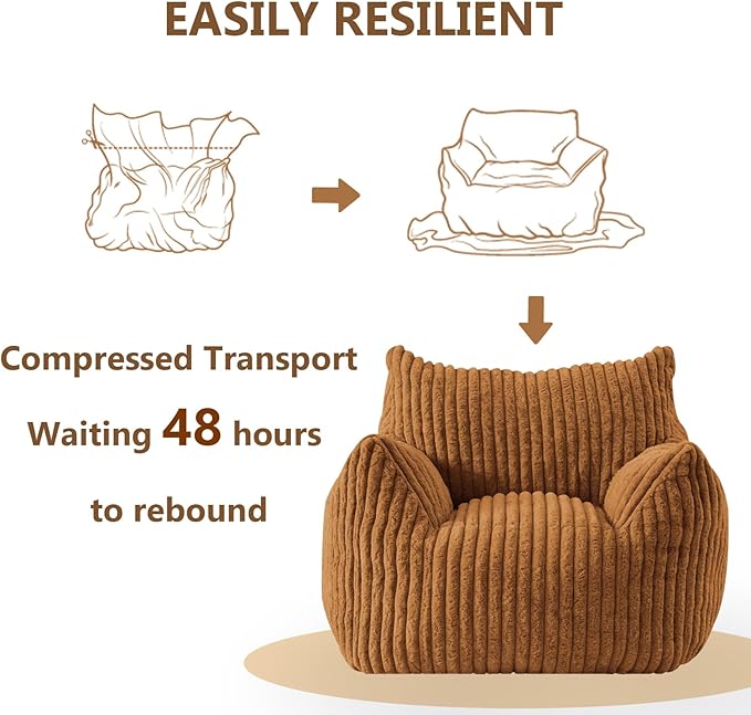 Giant Bean Bag Chairs for Adults Teens, Large Bean Bag Sofa Chairs with Filling Comfy Fuzzy BeanBag Chair with Armrests for Bedroom Living Room Reading (Brown, Medium)-HomvellaHome