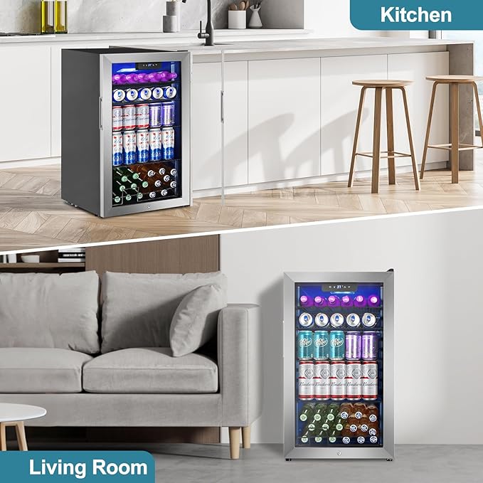 128 Cans Beverage Refrigerator Cooler, 3.2 Cu.Ft Mini Drink Fridge Glass Door for Drink Beer Soda Wine, Beer Fridge with 4 Removable Shelves for Kitchen Bedroom, Office Bar Gaming Room,Stainless Steel-HomvellaHome