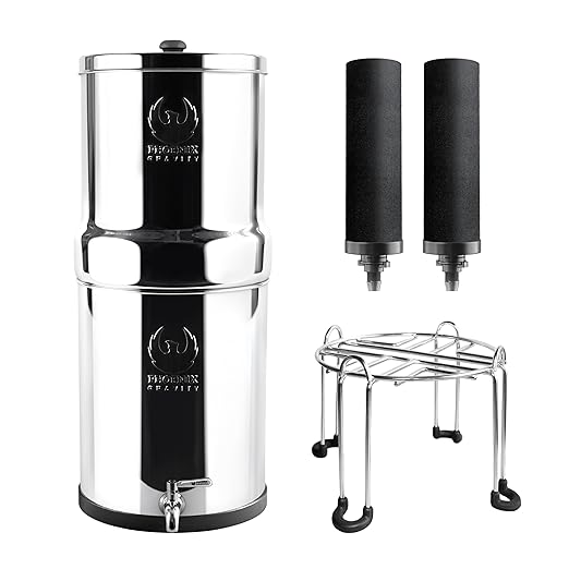 Gravity Water Filter System - 1.5 Gallons NSF Certified AISI 304 Stainless Steel Water Filter with 2 Smart (Black) Carbon Filter Elements & Free Stainless Steel Stand and Spigot (1.5G)-HomvellaHome