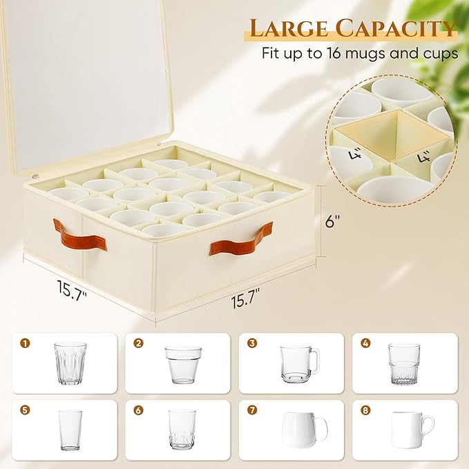2 Pack Cup and Mug Storage Box with Dividers and Hard Shell, Stackable Coffee Cup Storage Organizer with Lid, Zipper, and Handles for Coffee Mugs, Cups, Glasses, Stemware Storage Containers for Moving-HomvellaHome