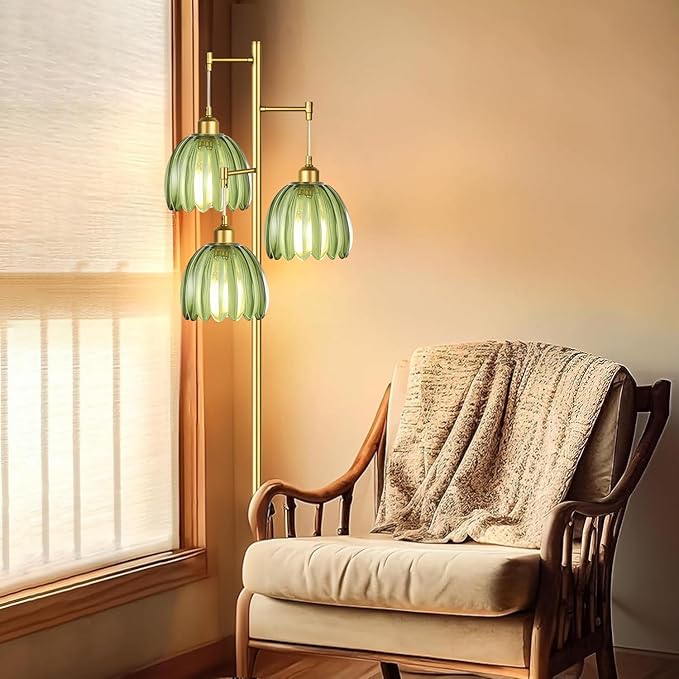 Gold Floor Lamp for Living Room,Bedroom,Mid Century Modern Standing Lamp Brass Tree 3 Light Tall Floor Lamps Vintage Retro Floor Lights Glass Green Flower Lamp Shade Farmhouse Boho Bohemian-HomvellaHome