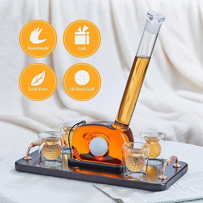 Golf Whiskey Decanter Set with 4 Golf Ball Shot Glasses, Unique Golf Gifts for Men Women, 750ml Golf Themed Liquor Dispenser, Golf Club Drink Dispenser for Bourbon, Scotch, Vodka, Tequila-HomvellaHome