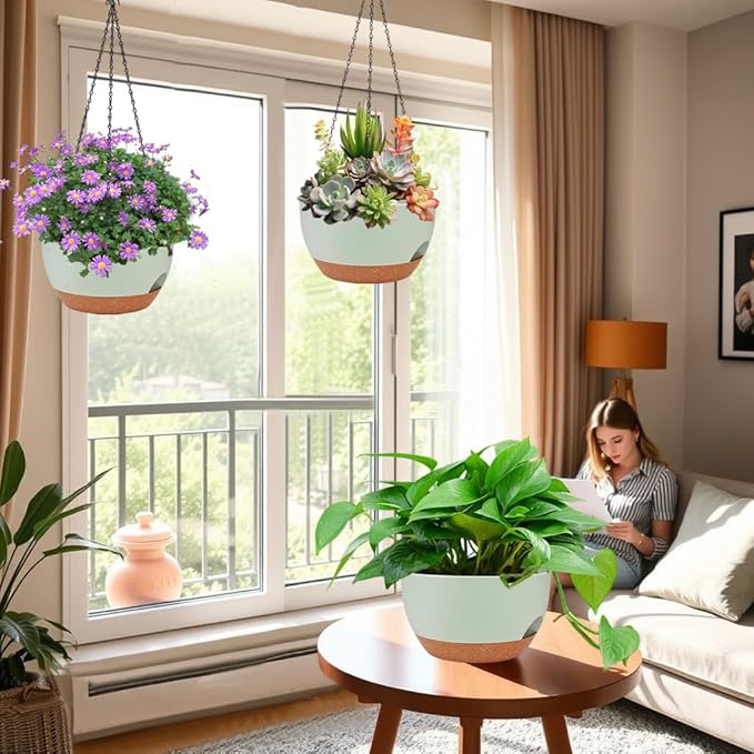 2 Pack Hanging Planters for Indoor Outdoor Plants, 12 Inch Self Watering Hanging Pot with Drainage Holes and Saucer, Plastic Plant Pots, Green Brown Flower Pots for Kitchen, Balcony, Garden-HomvellaHome